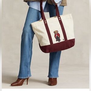 Ralph Lauren Cream and Burgundy Polo Bear Tote